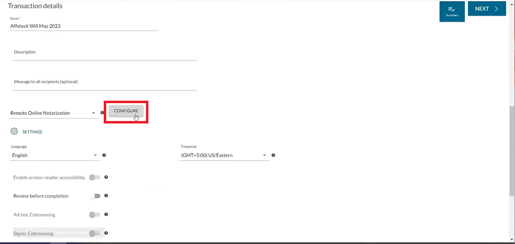 The notary scrolls down and clicks ‘Configure’ to schedule a date and time for the Remote Online Notarization session.